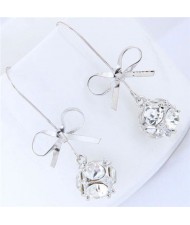 Rhinestone Cube with Bowknot Design High Fashion Women Earrings - Silver