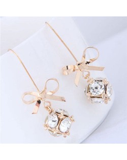 Rhinestone Cube with Bowknot Design High Fashion Women Earrings - Golden