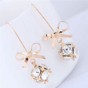 Rhinestone Cube with Bowknot Design High Fashion Women Earrings - Golden