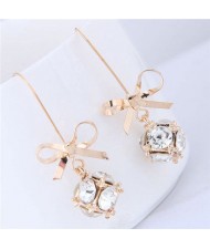 Rhinestone Cube with Bowknot Design High Fashion Women Earrings - Golden