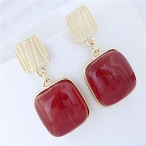 Resin Gem Square Fashion Women Statement Earrings - Red