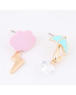 Cute Umbrella and Flash Lightning Asymmetric Fashion Earrings - Pink
