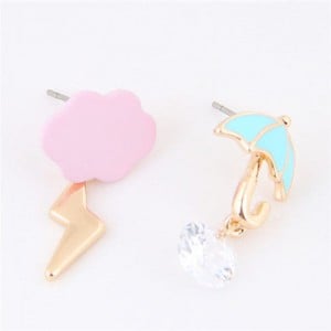 Cute Umbrella and Flash Lightning Asymmetric Fashion Earrings - Pink