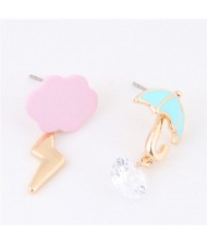 Cute Umbrella and Flash Lightning Asymmetric Fashion Earrings - Pink