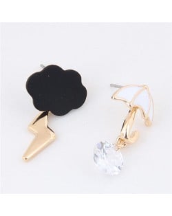 Cute Umbrella and Flash Lightning Asymmetric Fashion Earrings - Black