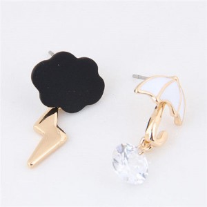 Cute Umbrella and Flash Lightning Asymmetric Fashion Earrings - Black