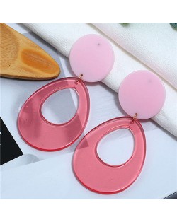 Fluorescent Color Dangling Hoop Design Bold Fashion Women Statement Earrings - Transparent Red