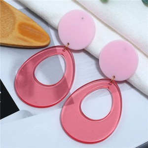 Fluorescent Color Dangling Hoop Design Bold Fashion Women Statement Earrings - Transparent Red