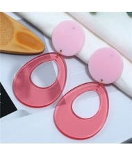 Fluorescent Color Dangling Hoop Design Bold Fashion Women Statement Earrings - Transparent Red