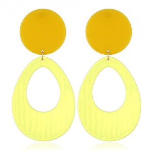Fluorescent Color Dangling Hoop Design Bold Fashion Women Statement Earrings - Transparent Yellow