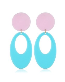 Fluorescent Color Dangling Hoop Design Bold Fashion Women Statement Earrings - Blue