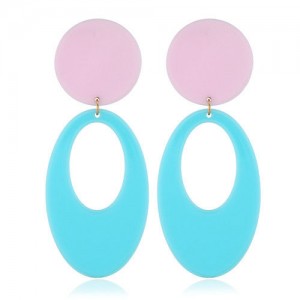 Fluorescent Color Dangling Hoop Design Bold Fashion Women Statement Earrings - Blue