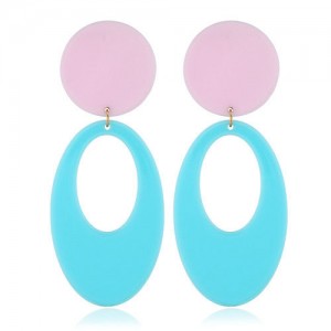 Fluorescent Color Dangling Hoop Design Bold Fashion Women Statement Earrings - Blue