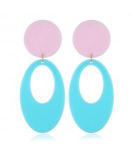 Fluorescent Color Dangling Hoop Design Bold Fashion Women Statement Earrings - Blue