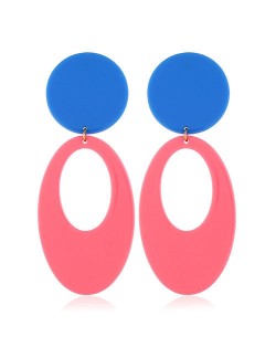 Fluorescent Color Dangling Hoop Design Bold Fashion Women Statement Earrings - Pink