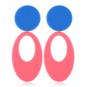 Fluorescent Color Dangling Hoop Design Bold Fashion Women Statement Earrings - Pink