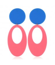 Fluorescent Color Dangling Hoop Design Bold Fashion Women Statement Earrings - Pink