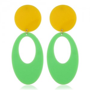 Fluorescent Color Dangling Hoop Design Bold Fashion Women Statement Earrings - Green