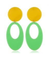 Fluorescent Color Dangling Hoop Design Bold Fashion Women Statement Earrings - Green