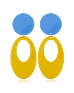 Fluorescent Color Dangling Hoop Design Bold Fashion Women Statement Earrings - Yellow