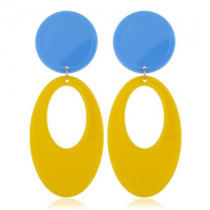 Fluorescent Color Dangling Hoop Design Bold Fashion Women Statement Earrings - Yellow