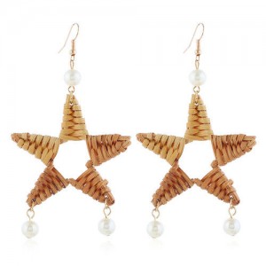 Straw Weaving with Pearl Decorated High Fashion Women Statement Earrings