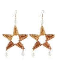 Straw Weaving with Pearl Decorated High Fashion Women Statement Earrings