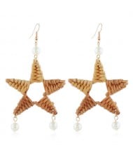 Straw Weaving with Pearl Decorated High Fashion Women Statement Earrings