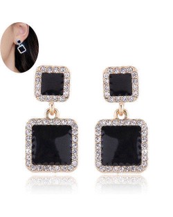 Rhinestone Rimmed Oil-spot Glazed Graceful Women Costume Earrings - Square