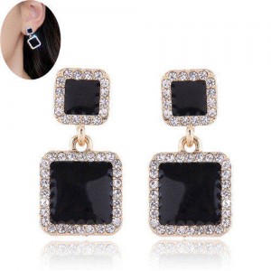 Rhinestone Rimmed Oil-spot Glazed Graceful Women Costume Earrings - Square