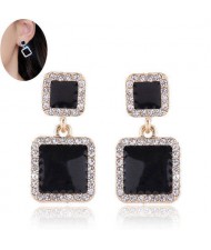 Rhinestone Rimmed Oil-spot Glazed Graceful Women Costume Earrings - Square