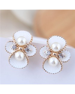 Golden Rimmed Oil-spot Glazed White Flower Fashion Costume Earrings 