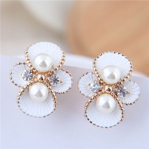 Golden Rimmed Oil-spot Glazed White Flower Fashion Costume Earrings 
