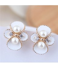 Golden Rimmed Oil-spot Glazed White Flower Fashion Costume Earrings