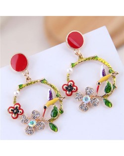 Bird and Flower Hoop Fashion Oil-spot Glazed Women Fashion Earrings - Red