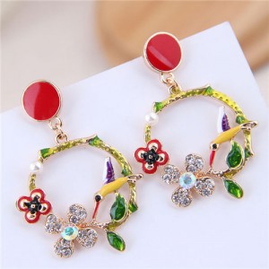 Bird and Flower Hoop Fashion Oil-spot Glazed Women Fashion Earrings - Red