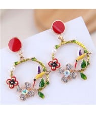 Bird and Flower Hoop Fashion Oil-spot Glazed Women Fashion Earrings - Red