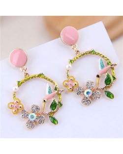 Bird and Flower Hoop Fashion Oil-spot Glazed Women Fashion Earrings - Pink