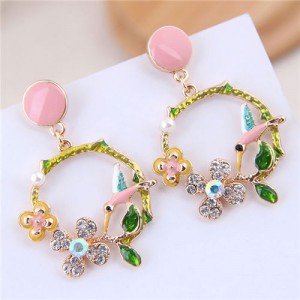 Bird and Flower Hoop Fashion Oil-spot Glazed Women Fashion Earrings - Pink