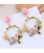 Bird and Flower Hoop Fashion Oil-spot Glazed Women Fashion Earrings - Pink