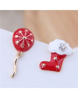 Christmas Shoe and Ballon Asymmetric Design Oil-spot Glazed High Fashion Earrings - Red