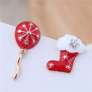 Christmas Shoe and Ballon Asymmetric Design Oil-spot Glazed High Fashion Earrings - Red