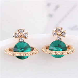 Rhinestone Embellished Planet Shape Design High Fashion Women Earrings - Green