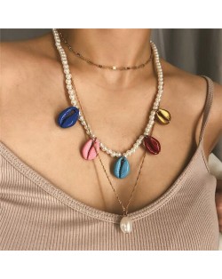 Colorful Seashell with Dangling Pearl Multi-layer Chain Fashion Women Statement Necklace
