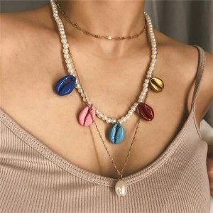 Colorful Seashell with Dangling Pearl Multi-layer Chain Fashion Women Statement Necklace