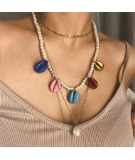 Colorful Seashell with Dangling Pearl Multi-layer Chain Fashion Women Statement Necklace