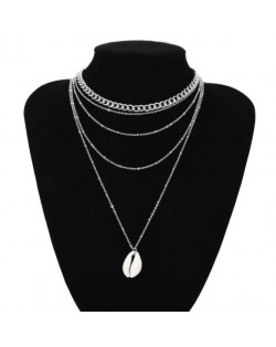 Tribe Style Seashell Multi-layer Chain Fashion Women Costume Necklace - Silver