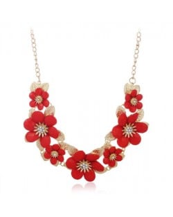 Rhinestone Inlaid Elegant Flowers Women Fashion Alloy Costume Necklace - Red