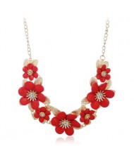 Rhinestone Inlaid Elegant Flowers Women Fashion Alloy Costume Necklace - Red