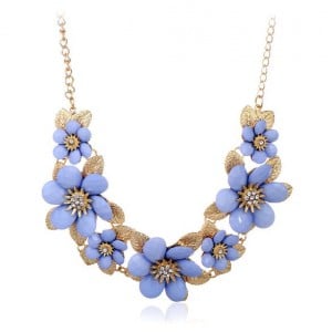 Rhinestone Inlaid Elegant Flowers Women Fashion Alloy Costume Necklace - Blue